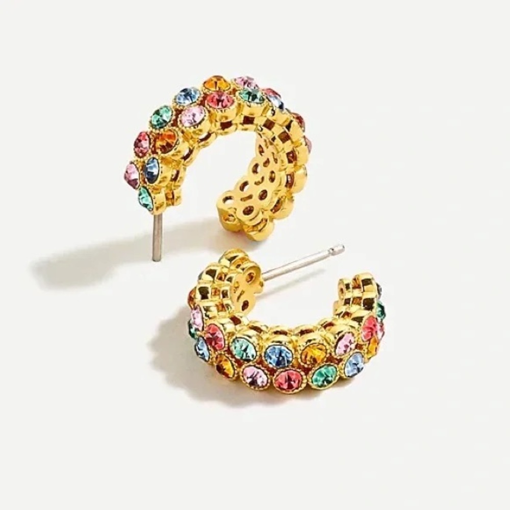 J. Crew NWT Gold and Multi Color Crystal Small Hoop Earring